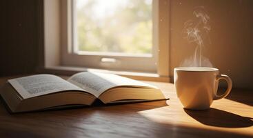 A cup of coffee and an open book on a table with sunlight photo