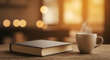 Coffee and book on wooden table with blurred background photo