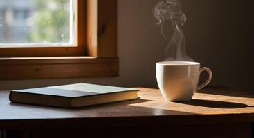 A cup of coffee and a book on a table by a window photo