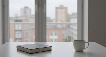A coffee cup and book on a table in front of a window photo