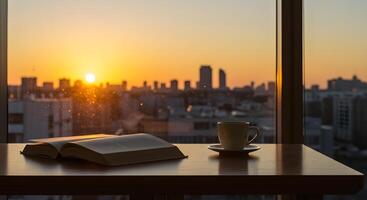 A book and coffee cup on a table in front of a window with a view of the city photo