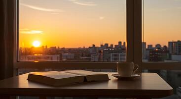 A book and coffee cup on a table in front of a window with a city view photo