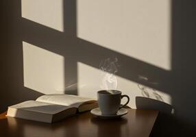 A cup of coffee and book on a table with a window photo