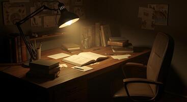 A desk with a lamp and books on it photo