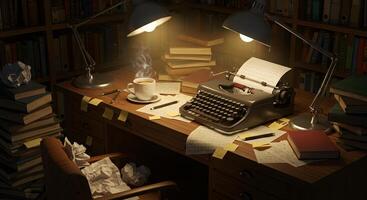 A typewriter sits on a desk with a cup of coffee photo