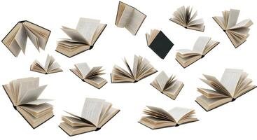 A group of open books on a white background photo
