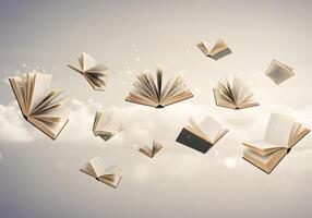 Flying books in the sky with clouds background photo