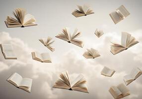 Open books flying in the air with clouds background photo