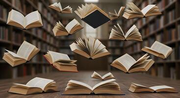Many open books are flying in the air in a library photo