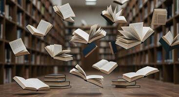 A library with books flying around it photo