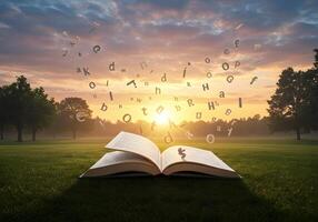 Open book with letters flying out of it photo