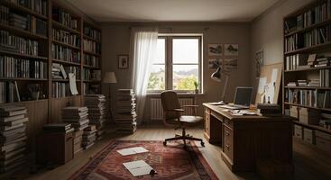 A desk with a computer and a chair in a room with books photo