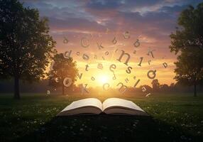 An open book with letters flying out of it photo