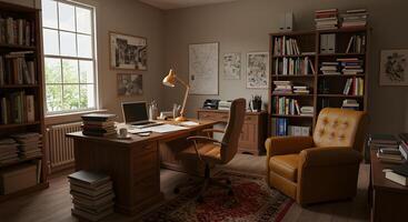 A desk with a chair and a lamp in a room photo
