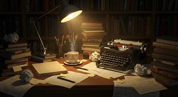 An old typewriter sits on a desk with a lamp and papers photo
