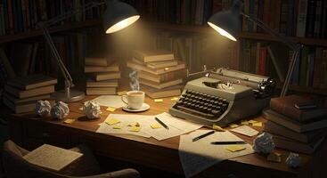 A typewriter and coffee on a desk in front of books photo