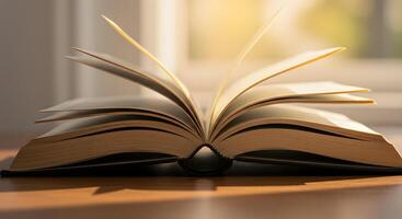 An open book on a table with sunlight coming through the window photo