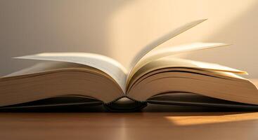 An open book on a table with sunlight coming through the pages photo