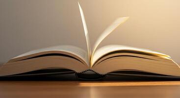 An open book with a light shining on it photo