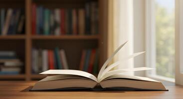 An open book on a table in front of a window photo