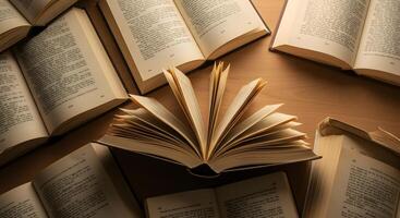 An open book is surrounded by many open books photo