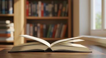 An open book is sitting on a table in front of a bookcase photo