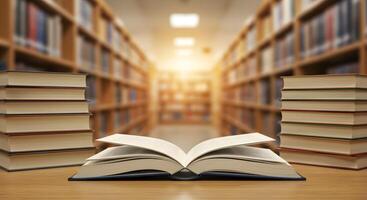 Open book on table in library with books in background photo