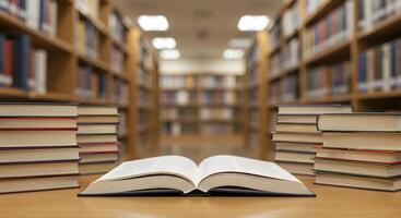 An open book is sitting on a table in a library photo