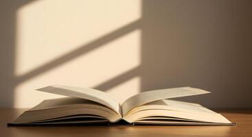An open book on a table with sunlight coming in through the window photo