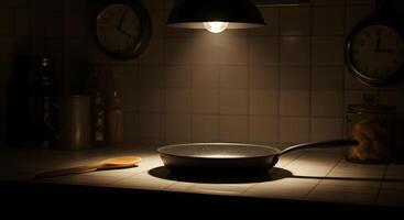 A pan on a counter with a light shining on it photo