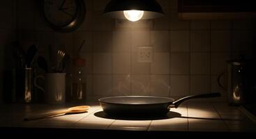 A pan on a stove with a light shining on it photo