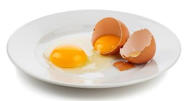 Two eggs are broken in half on a white plate photo