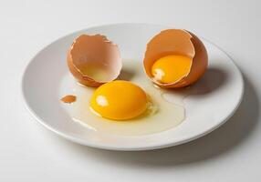Two eggs are broken in half on a plate photo