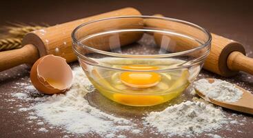 A bowl of flour, eggs and rolling pin photo