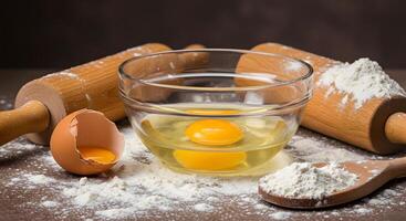 Eggs in a glass with flour and rolling pin photo