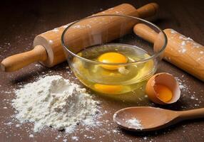A bowl of eggs, flour, and rolling pins photo