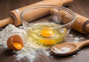 A bowl of eggs and flour with rolling pins photo
