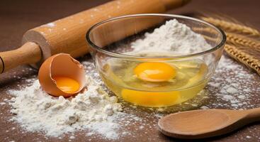 Eggs in a bowl with flour and a rolling pin photo