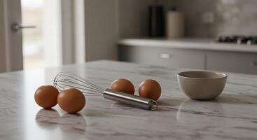 A kitchen counter with a whisk and eggs photo