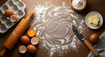 Flour, eggs, butter, and a rolling pin on a table photo