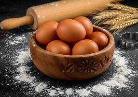 A bowl of eggs and flour next to a rolling pin photo