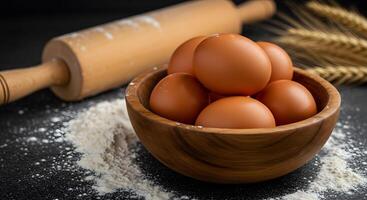 Brown eggs in a bowl with flour and rolling pin photo