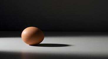 An egg sitting on a table in front of a dark background photo