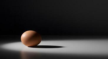 An egg is sitting on a table in front of a black background photo