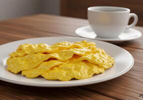 A plate of scrambled eggs and a cup of coffee photo