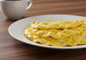 A plate with scrambled eggs and a cup of coffee photo