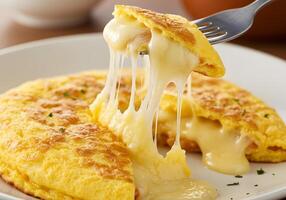 A fork lifting a slice of cheese omelet photo