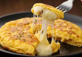 A fork lifting a piece of cheese off a plate photo