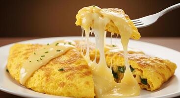 A fork is lifting a piece of omelet off a plate photo