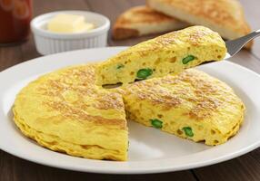 A plate with a slice of omelet and toast photo